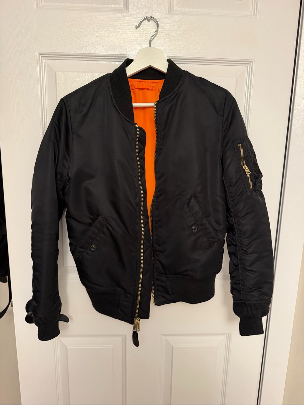 Women's Alpha Industry Black Bomber Jacket with Orange Lining